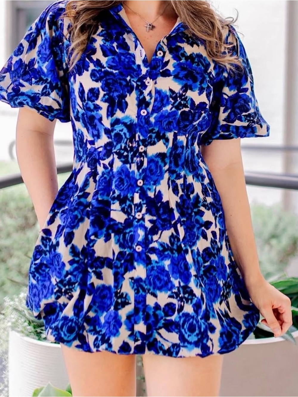 Button-Front Blue Floral Mini Dress